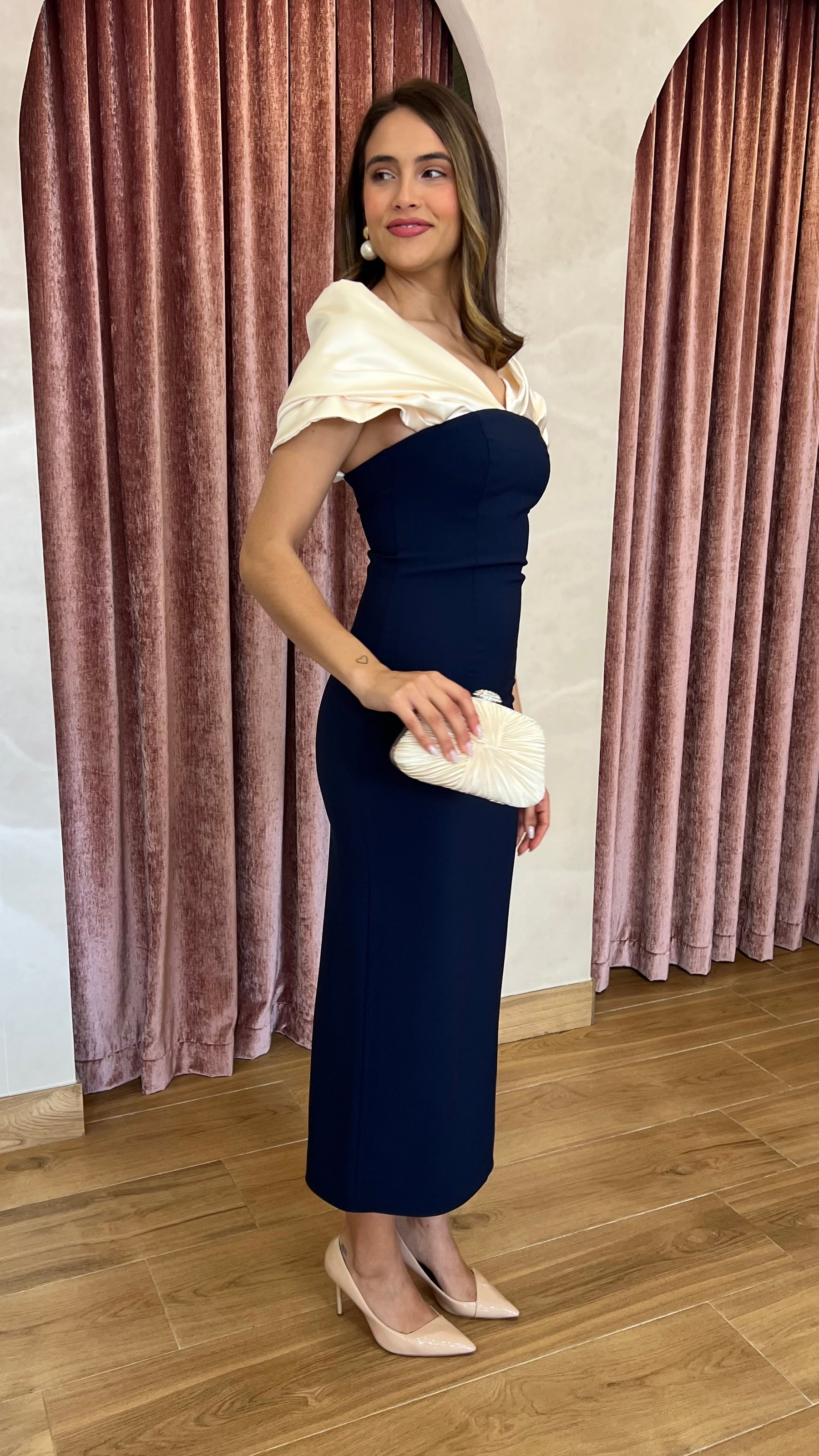 Vestido Escote Bicolor Marino