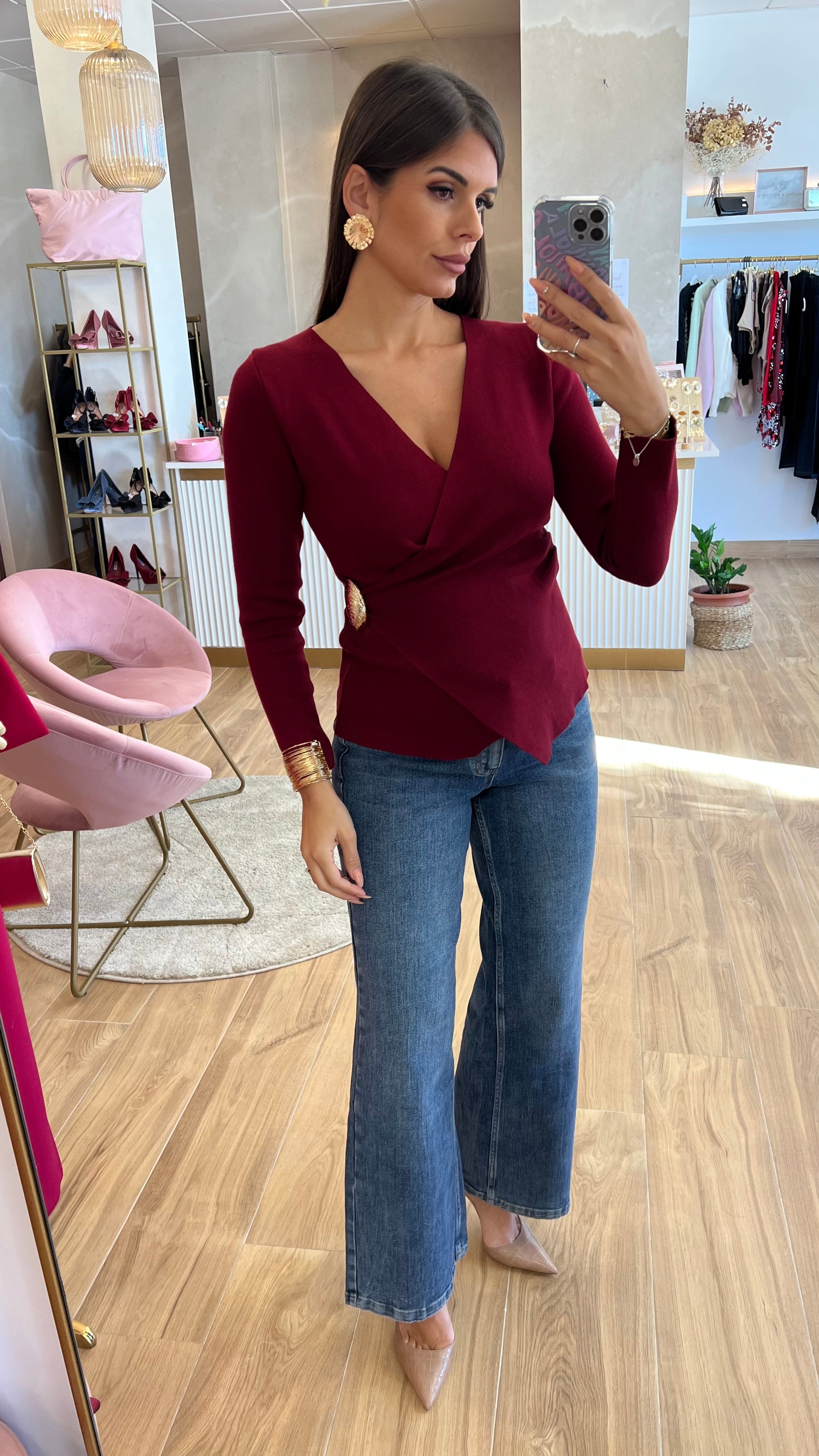 Jersey Cruzado Detalle Oro Burdeos