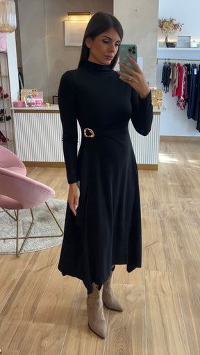 Vestido Midi Punto Premium Manga Larga Negro
