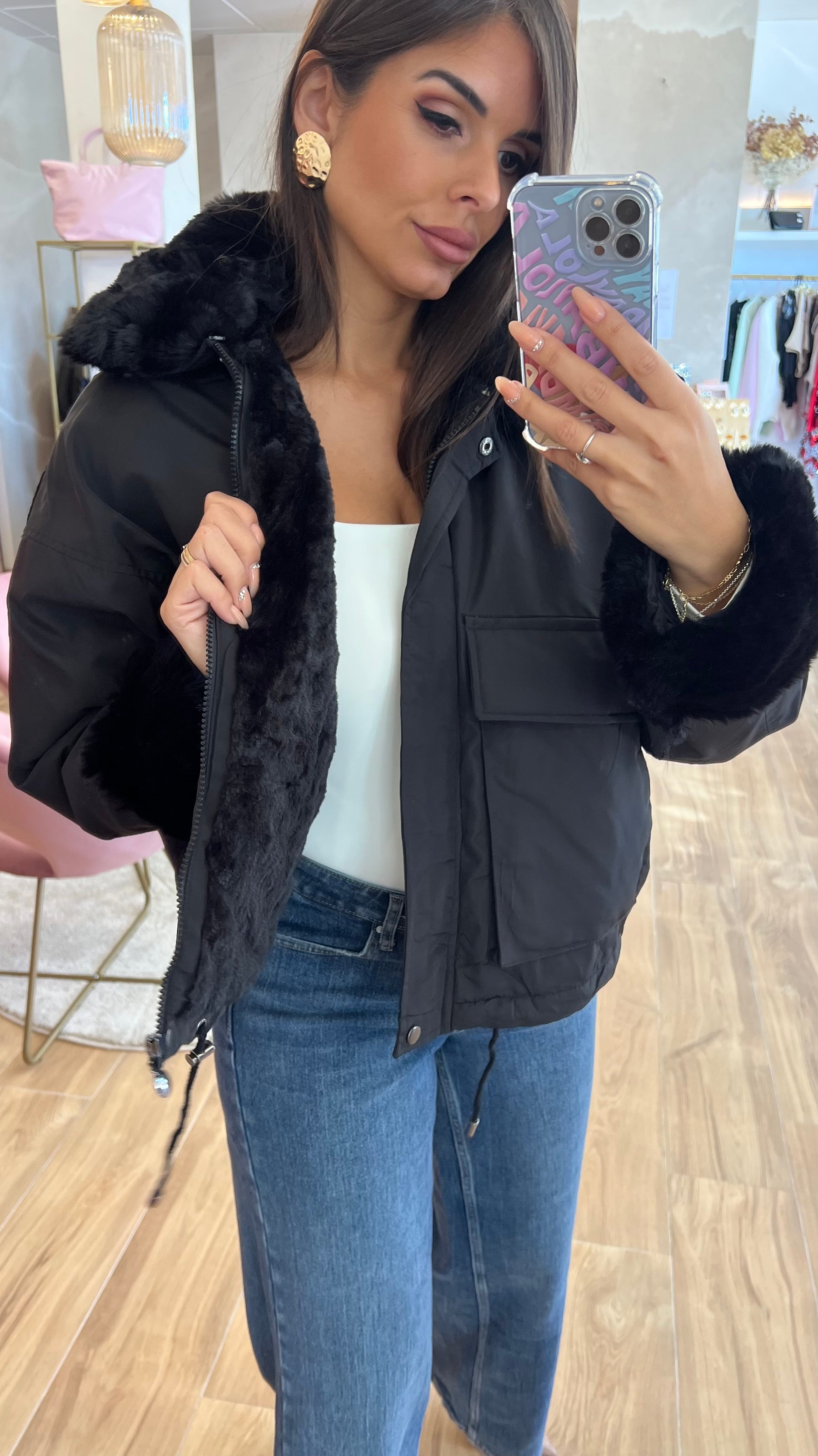 Chaqueta Acolchada Forro Borreguito - Negro Premium