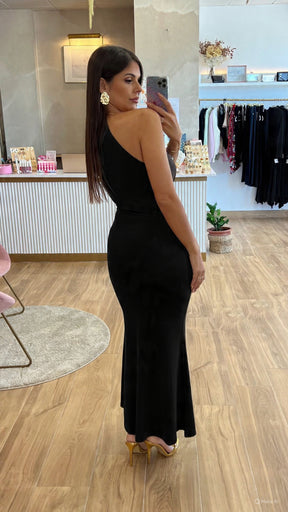 Vestido Cuello Oro Nudo Negro