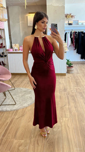 Vestido Cuello Oro Nudo Burdeos