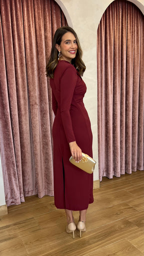 Vestido Midi Drapeado Burdeos