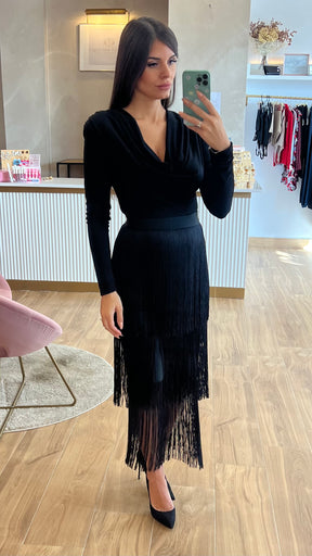 Falda Bandage Midi Flecos Negra