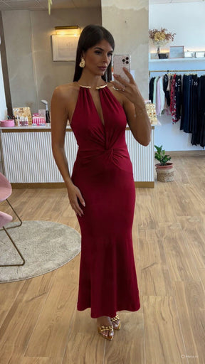 Vestido Cuello Oro Nudo Burdeos