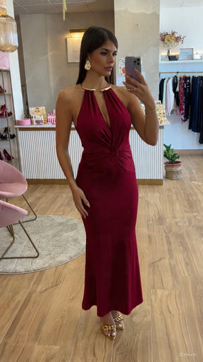 Vestido Cuello Oro Nudo Burdeos