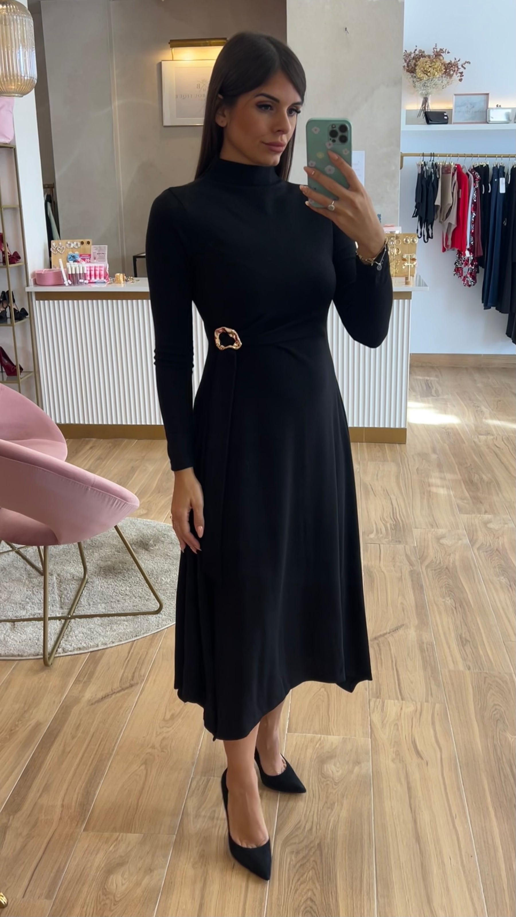 Vestido Midi Punto Premium Manga Larga Negro