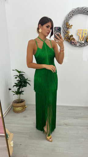 Vestido Bandage Cancún Verde Flecos Edición Limitada