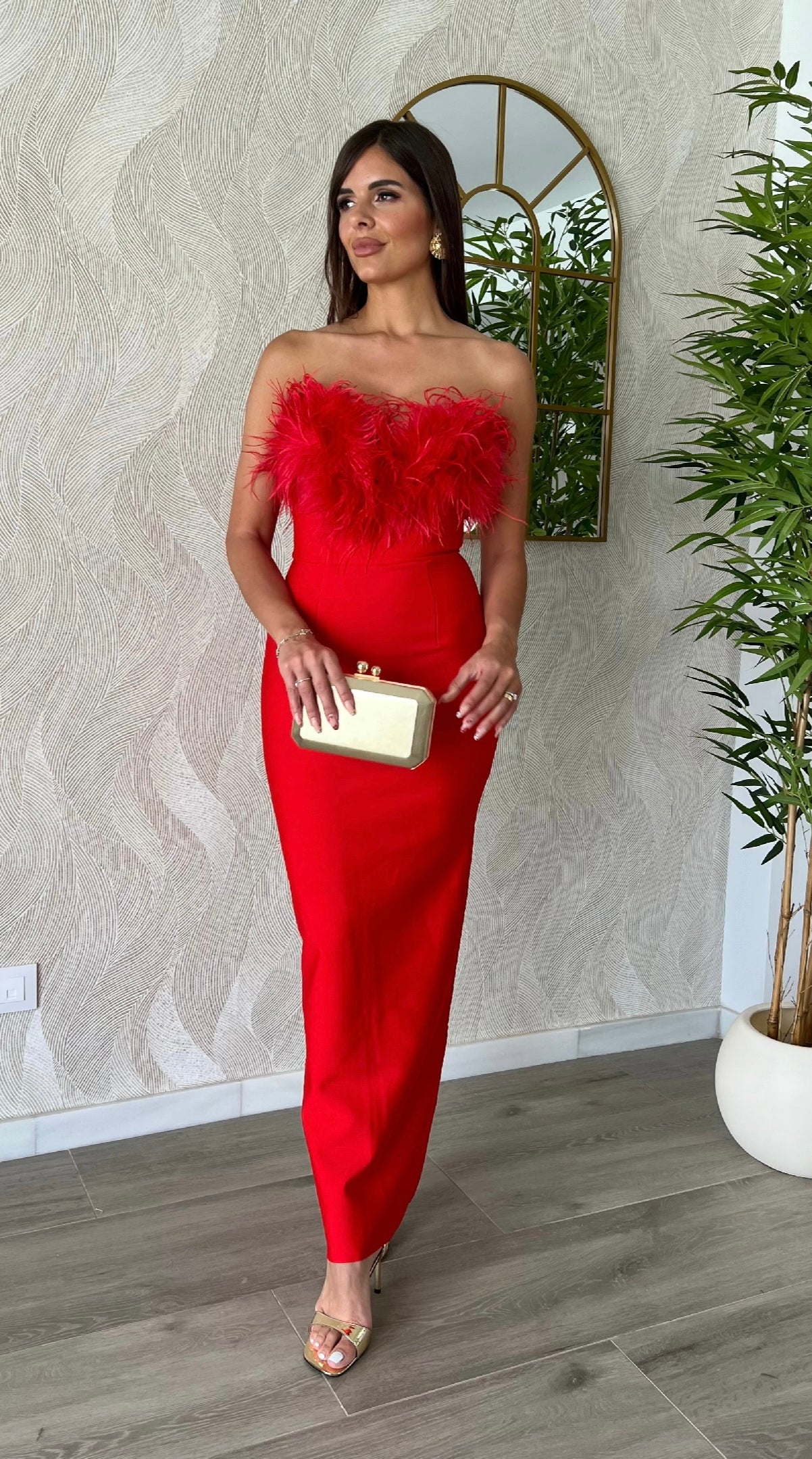 Vestido Bandage Silvia Plumas Rojo