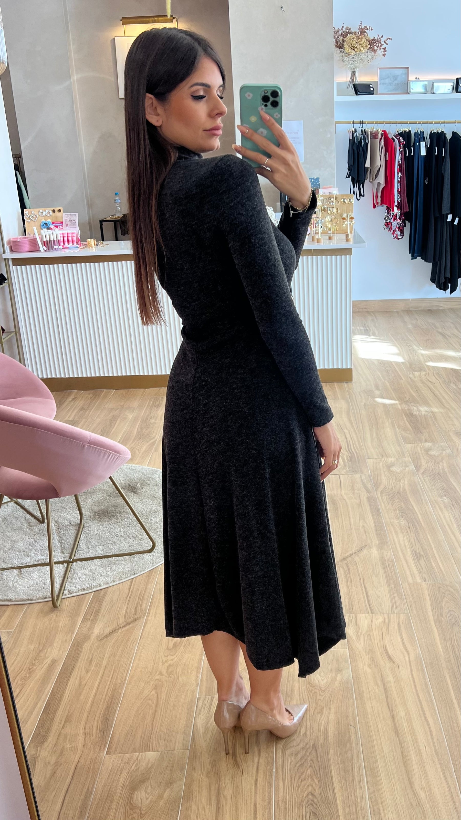 Vestido Midi Punto Premium Manga Larga Gris