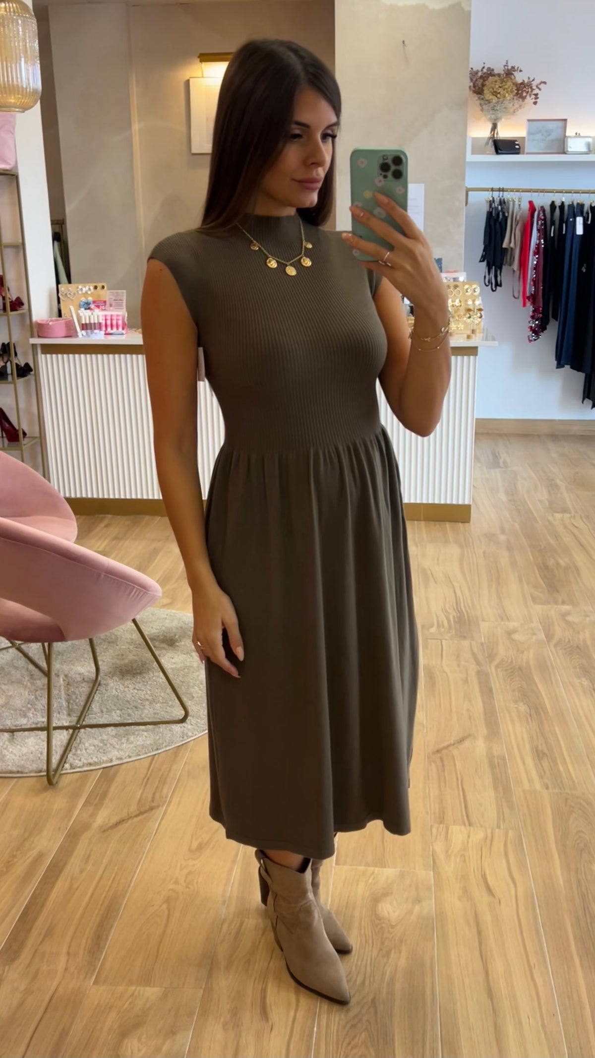 Vestido Punto Canalé Caqui Oscuro