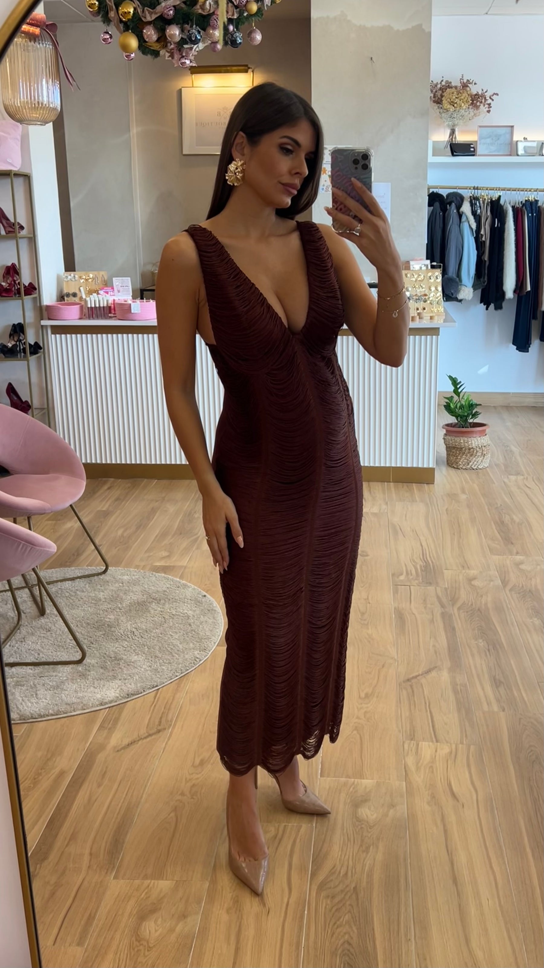 Vestido Bandage Flecos Chocolate Sin Mangas