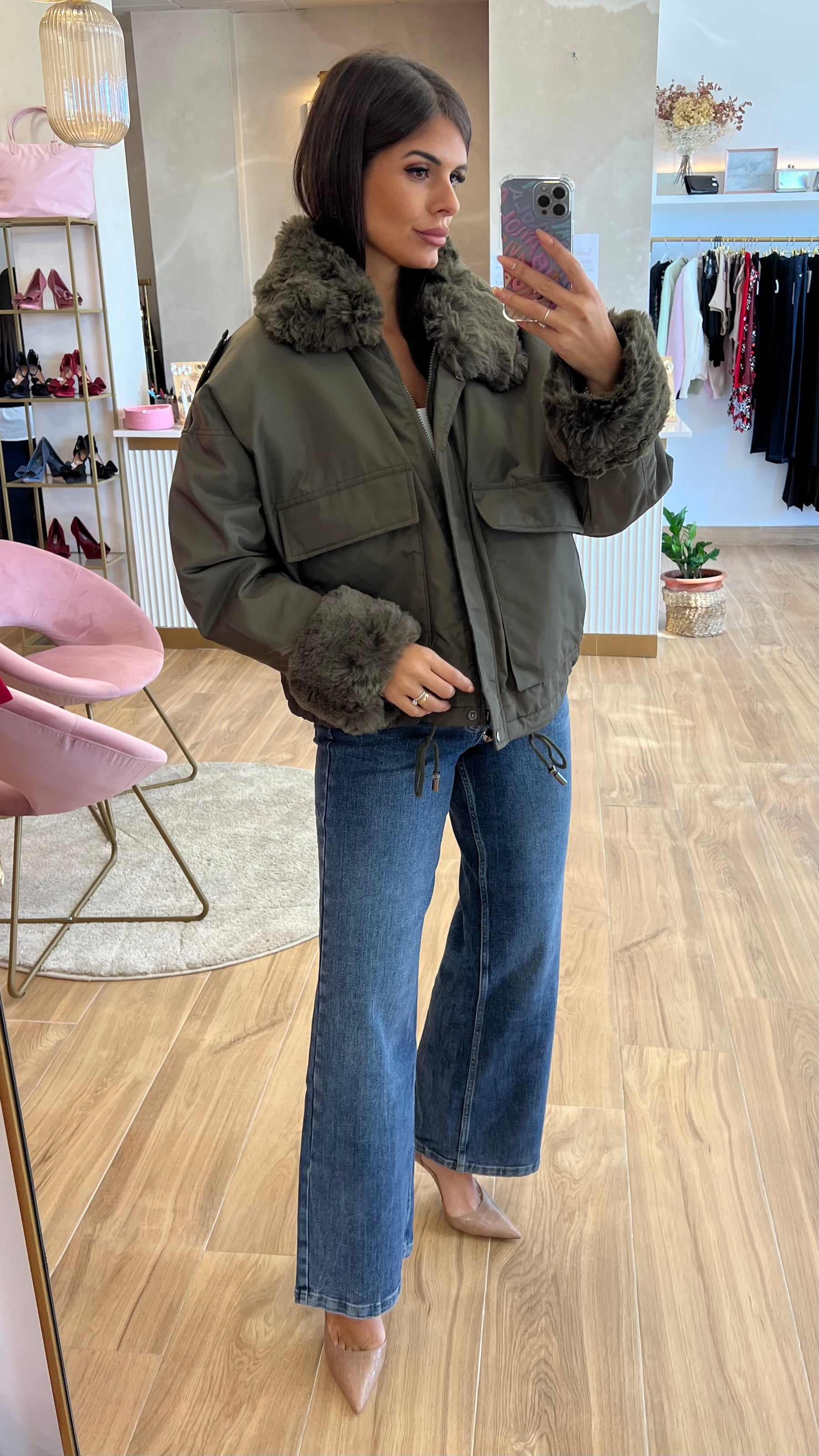 Chaqueta Acolchada Forro Borreguito – Khaki Premium