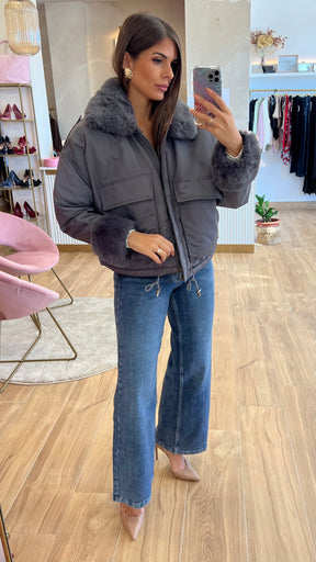 Chaqueta Acolchada Forro Borreguito - Gris Premium