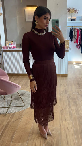 Falda Bandage Midi Flecos Chocolate