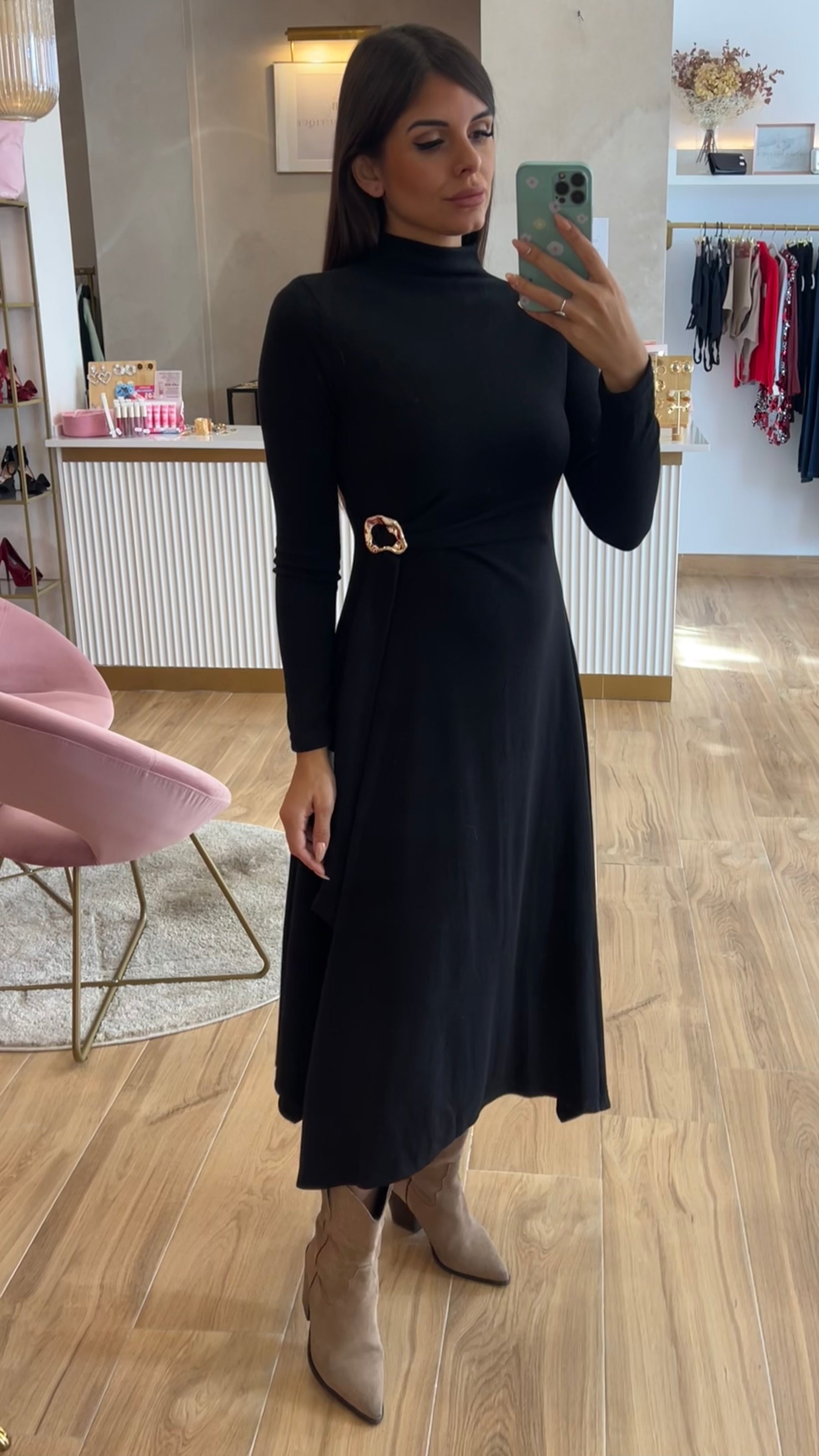 Vestido Midi Punto Premium Manga Larga Negro