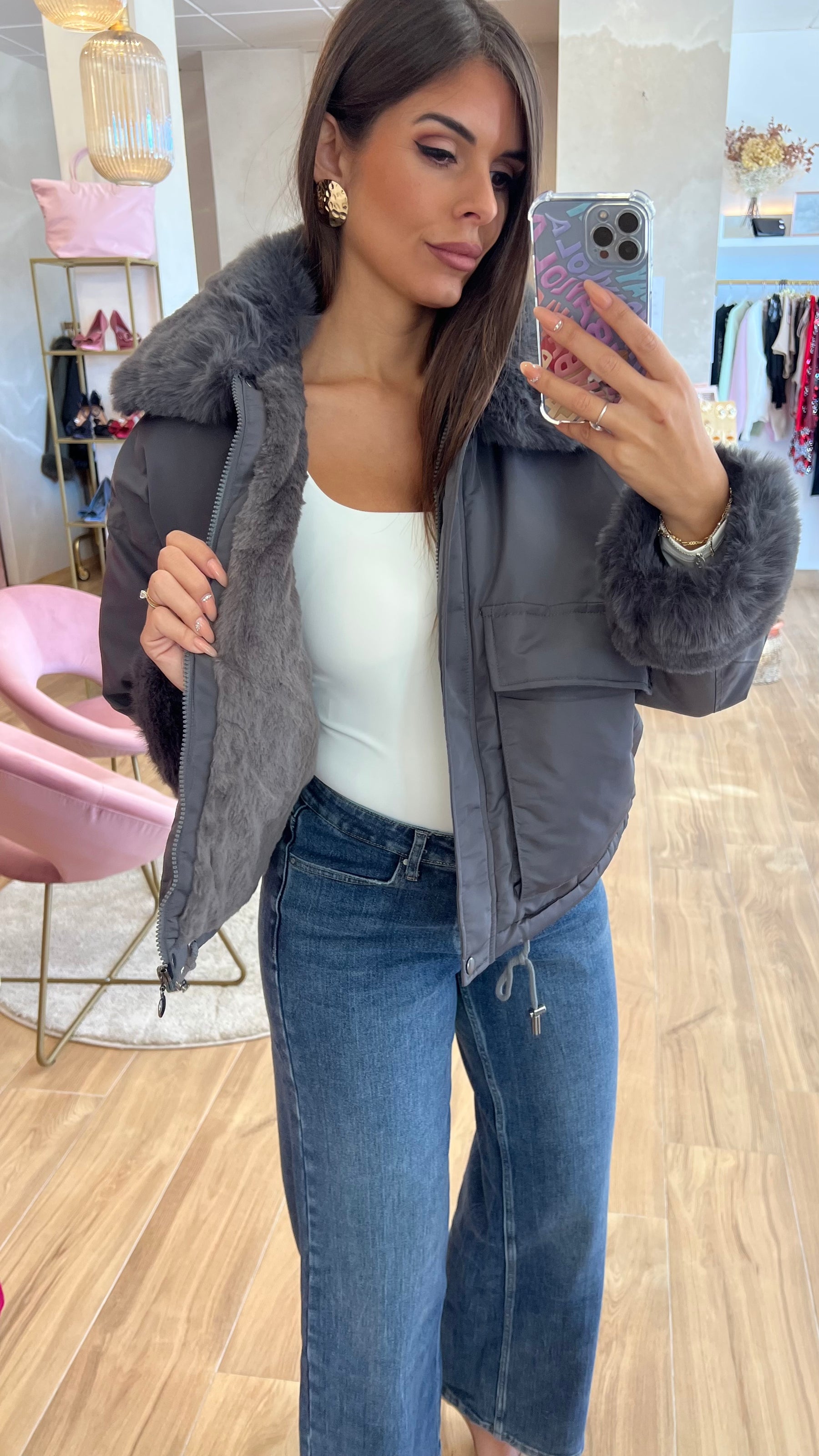 Chaqueta Acolchada Forro Borreguito - Gris Premium