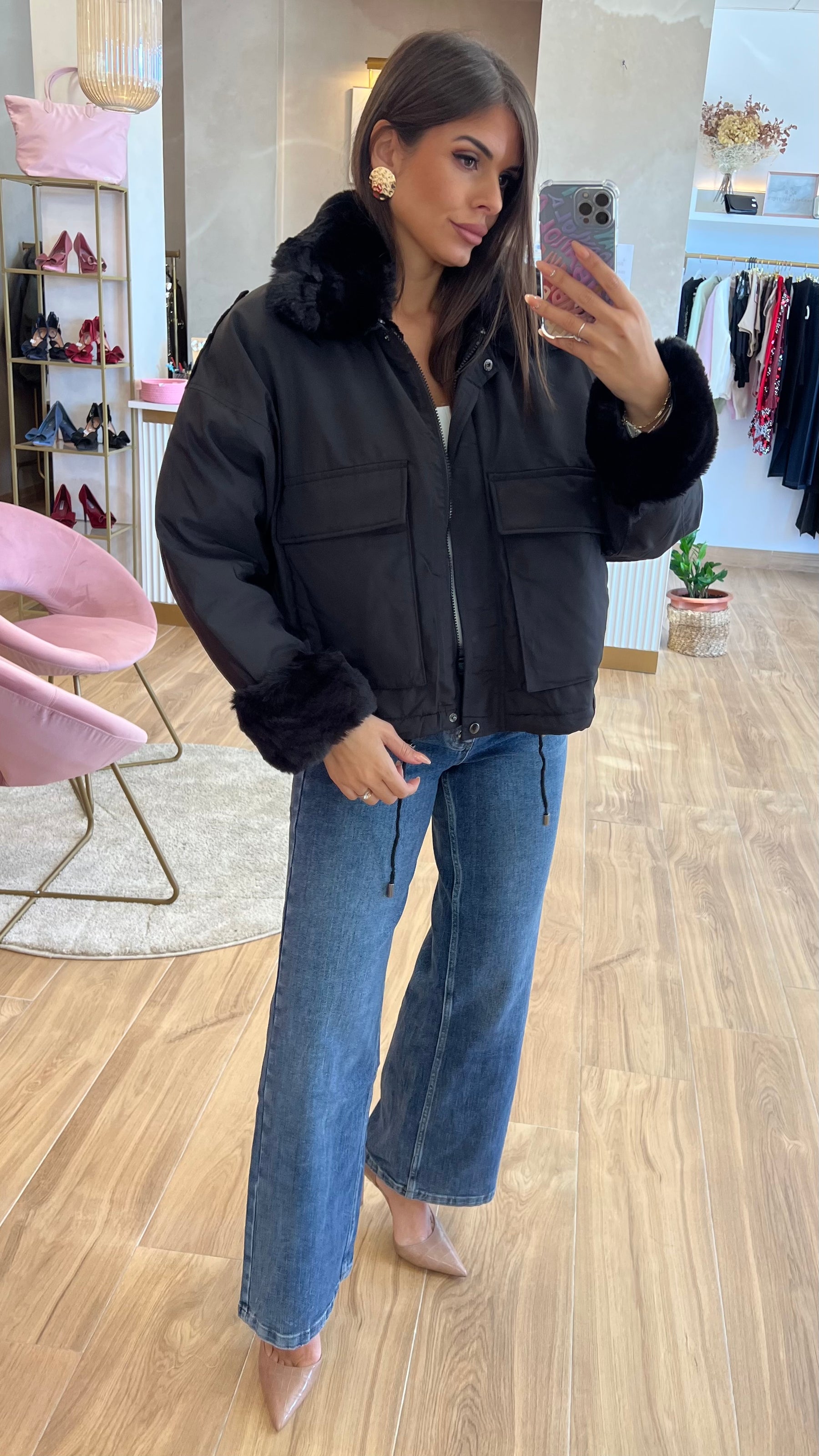 Chaqueta Acolchada Forro Borreguito - Negro Premium