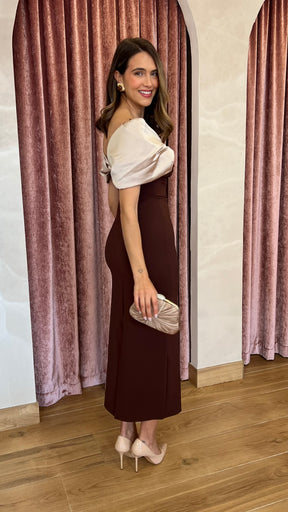 Vestido Escote Bicolor Marrón