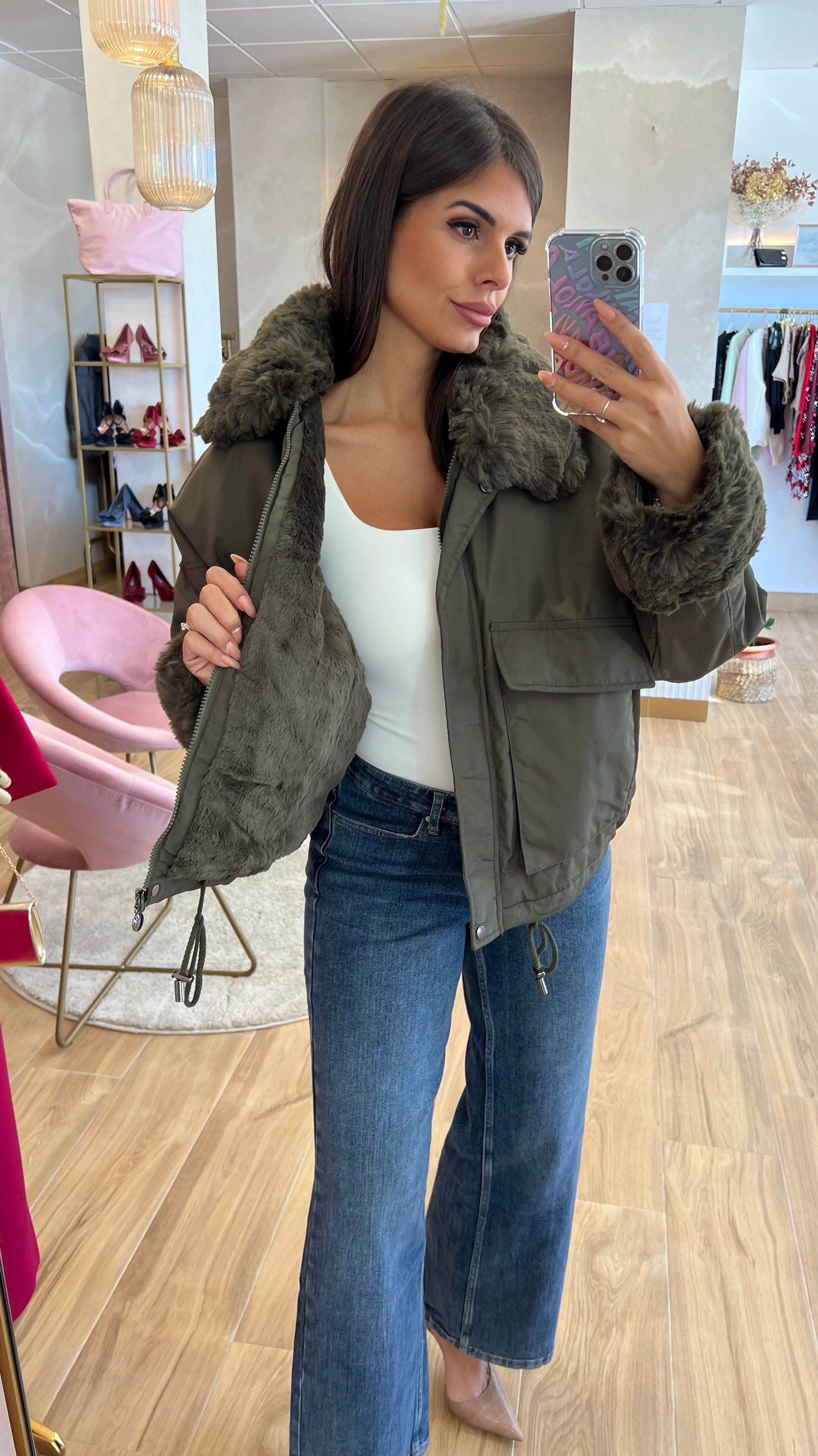 Chaqueta Acolchada Forro Borreguito – Khaki Premium