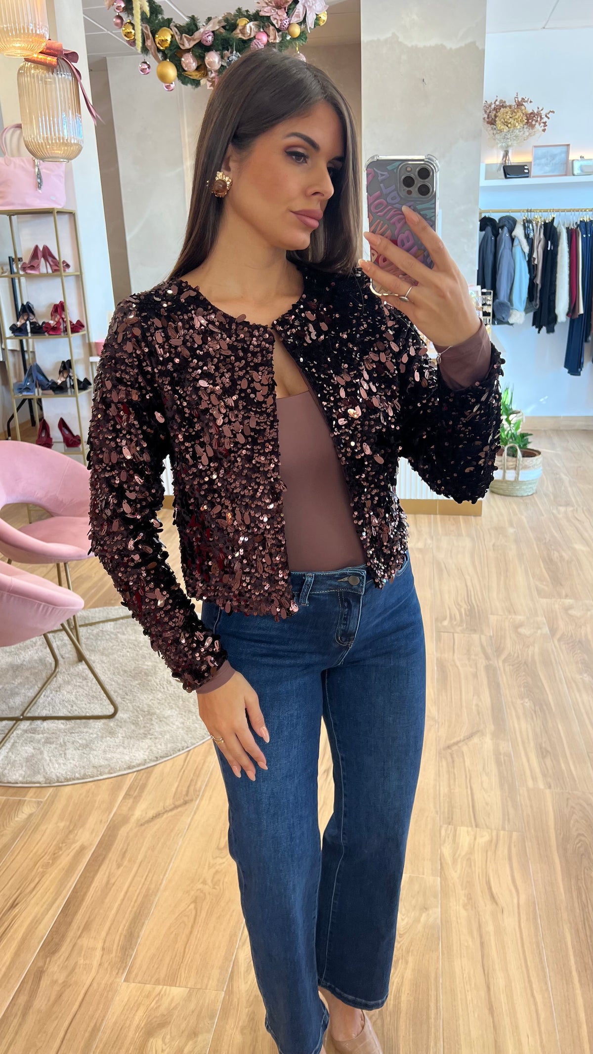 Chaqueta/Top Lentejuelas Reversible Marrón Chocolate