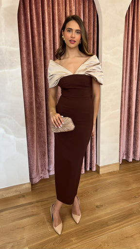 Vestido Escote Bicolor Marrón