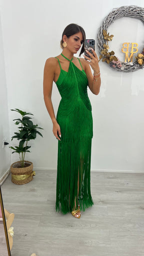 Vestido Bandage Cancún Verde Flecos Edición Limitada