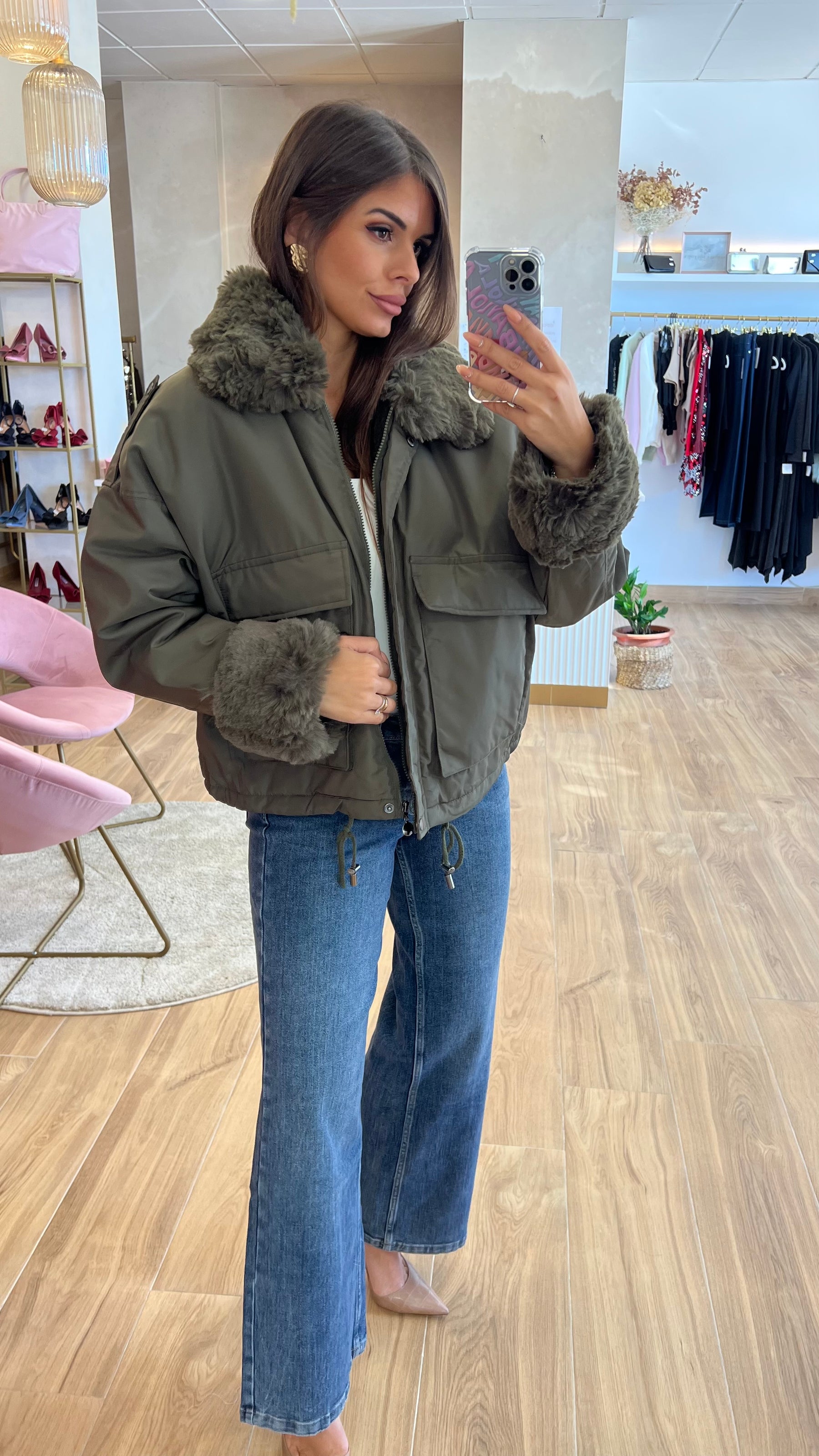 Chaqueta Acolchada Forro Borreguito – Khaki Premium