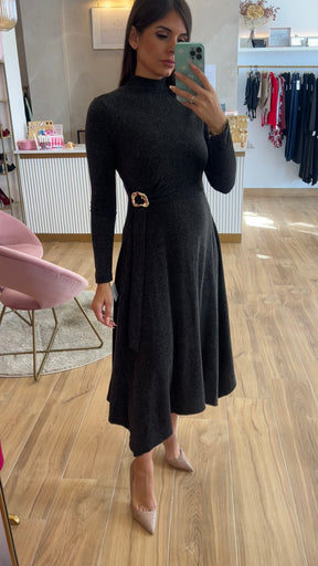 Vestido Midi Punto Premium Manga Larga Gris