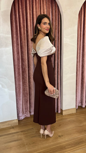 Vestido Escote Bicolor Marrón