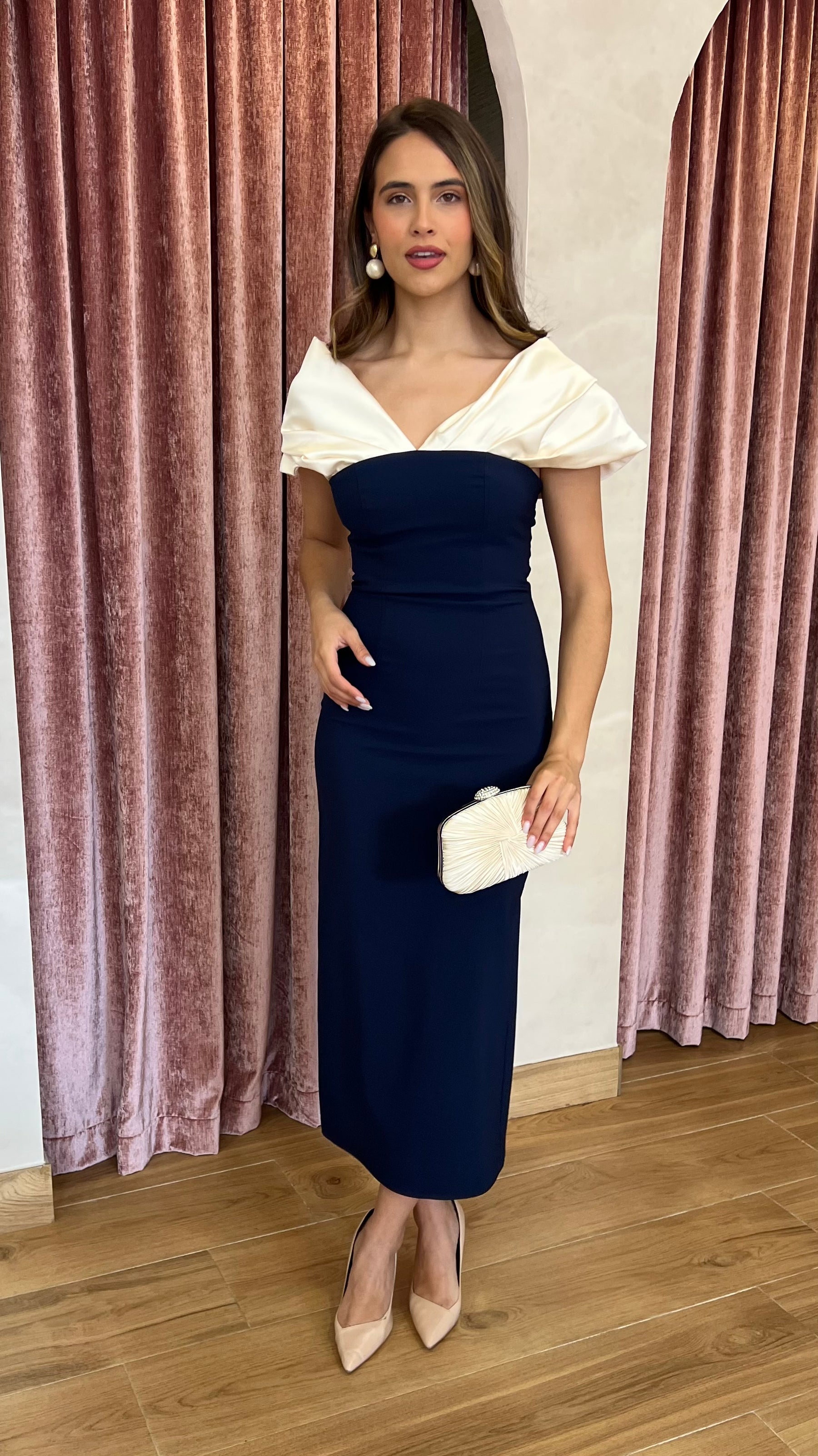 Vestido Escote Bicolor Marino