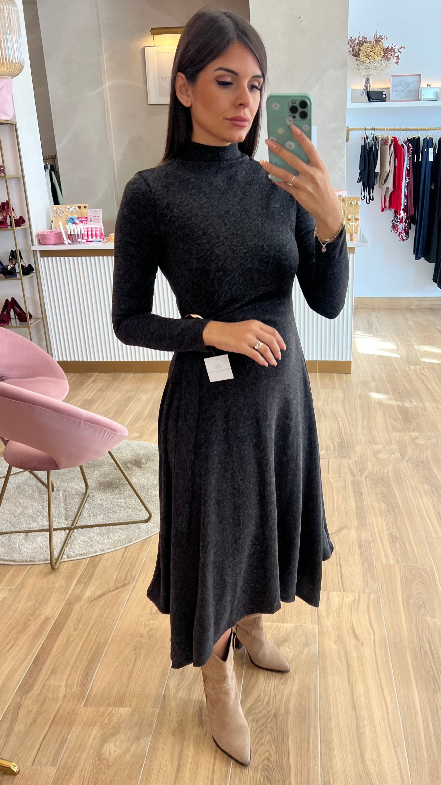 Vestido Midi Punto Premium Manga Larga Gris