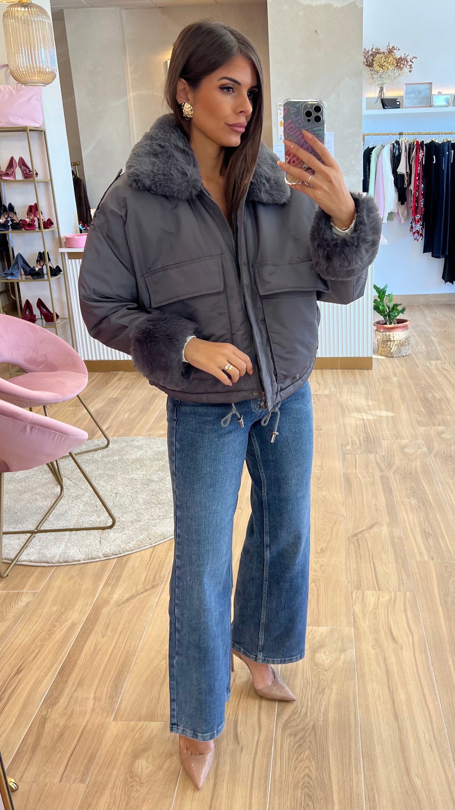 Chaqueta Acolchada Forro Borreguito - Gris Premium