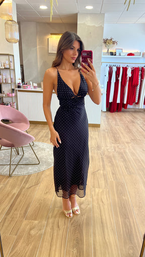 Vestido Midi Negro Lunares