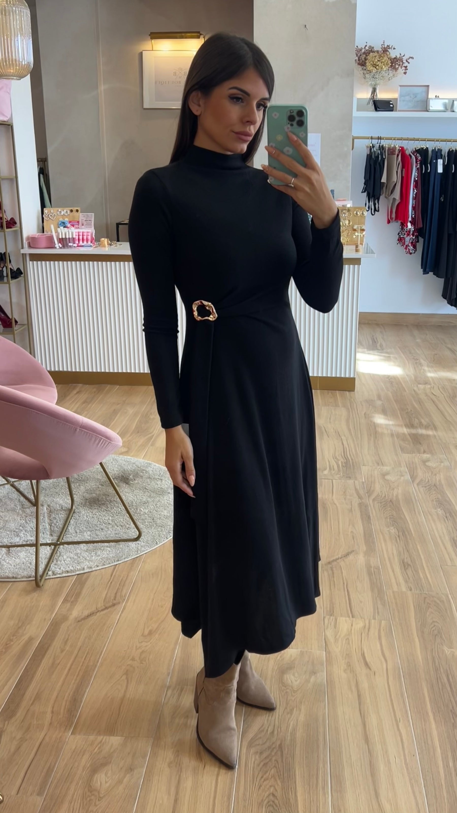 Vestido Midi Punto Premium Manga Larga Negro