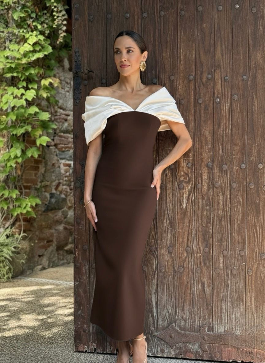 Vestido Escote Bicolor Marrón