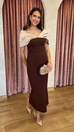 Vestido Escote Bicolor Marrón