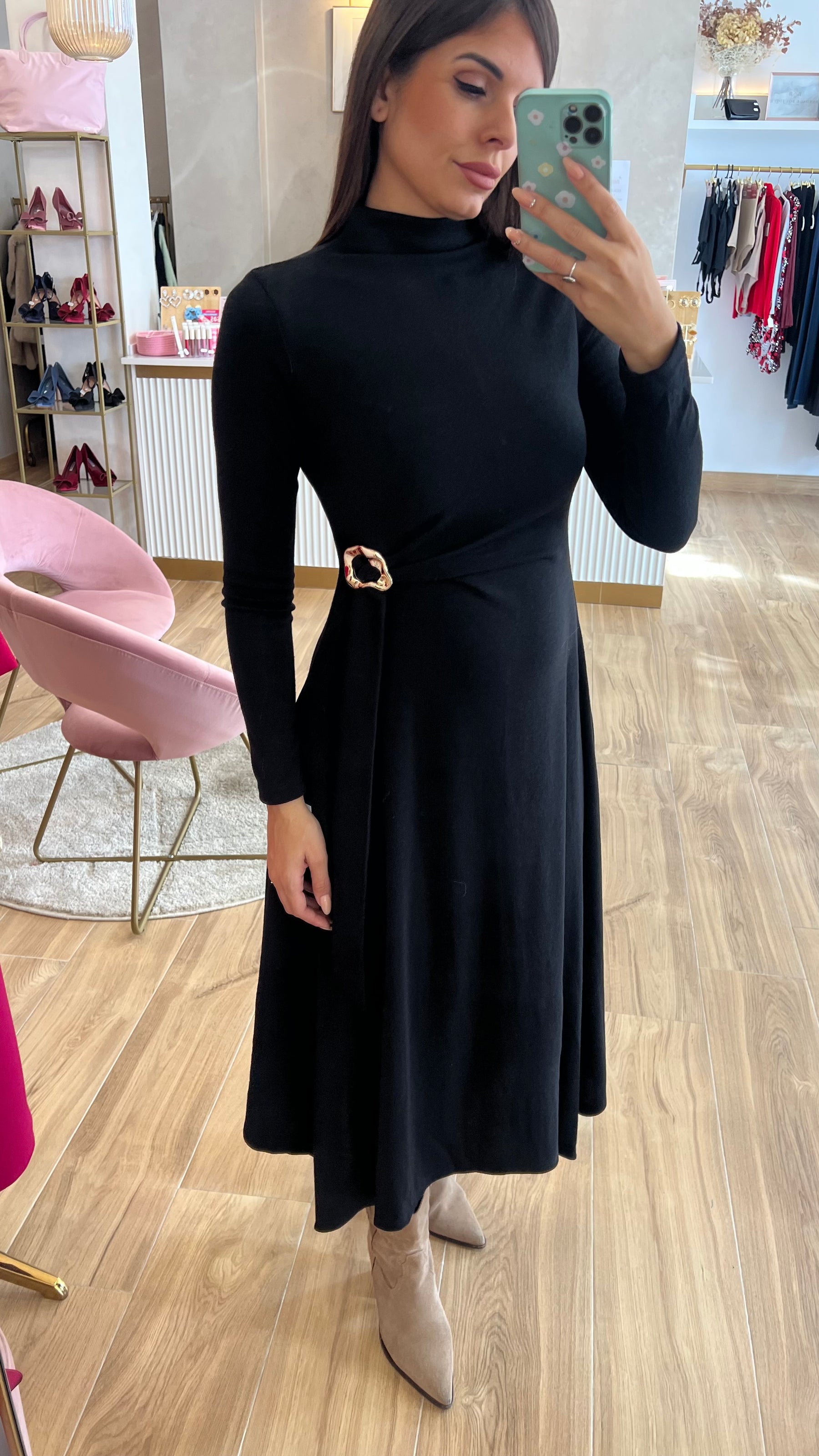 Vestido Midi Punto Premium Manga Larga Negro