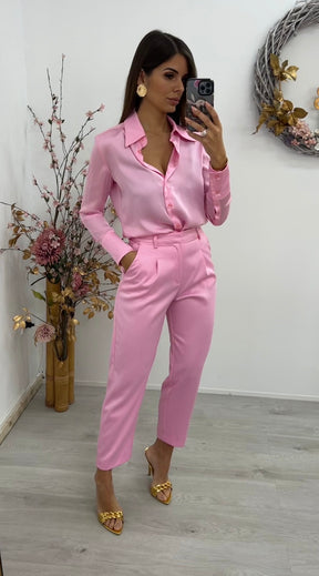 Pantalón Pinzas Satinado Rosa