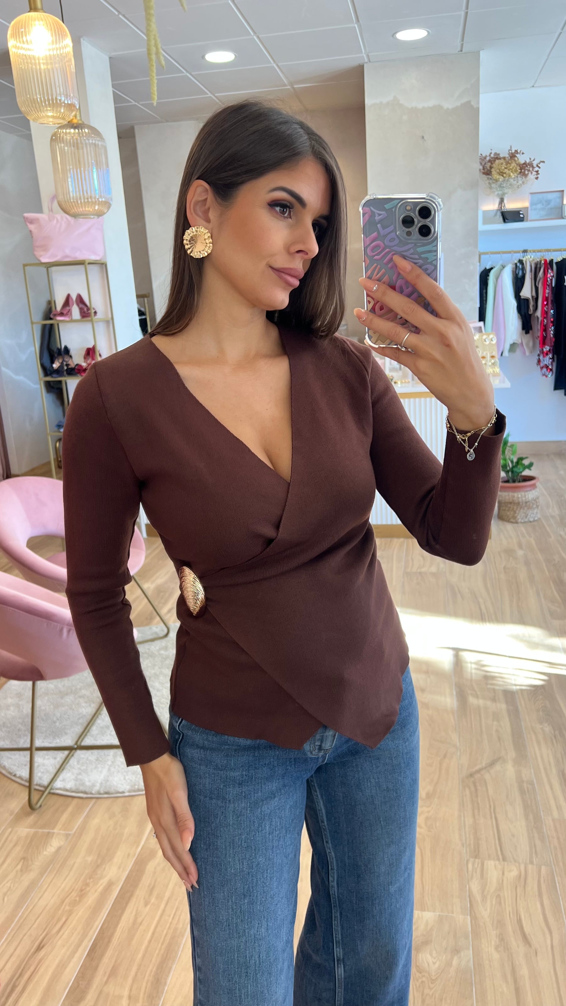 Jersey Cruzado Detalle Oro Marrón