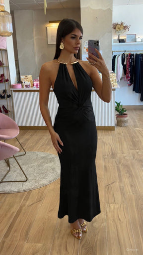 Vestido Cuello Oro Nudo Negro