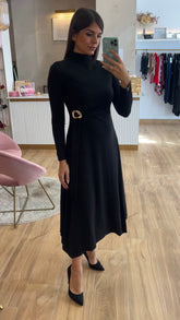 Vestido Midi Punto Premium Manga Larga Negro