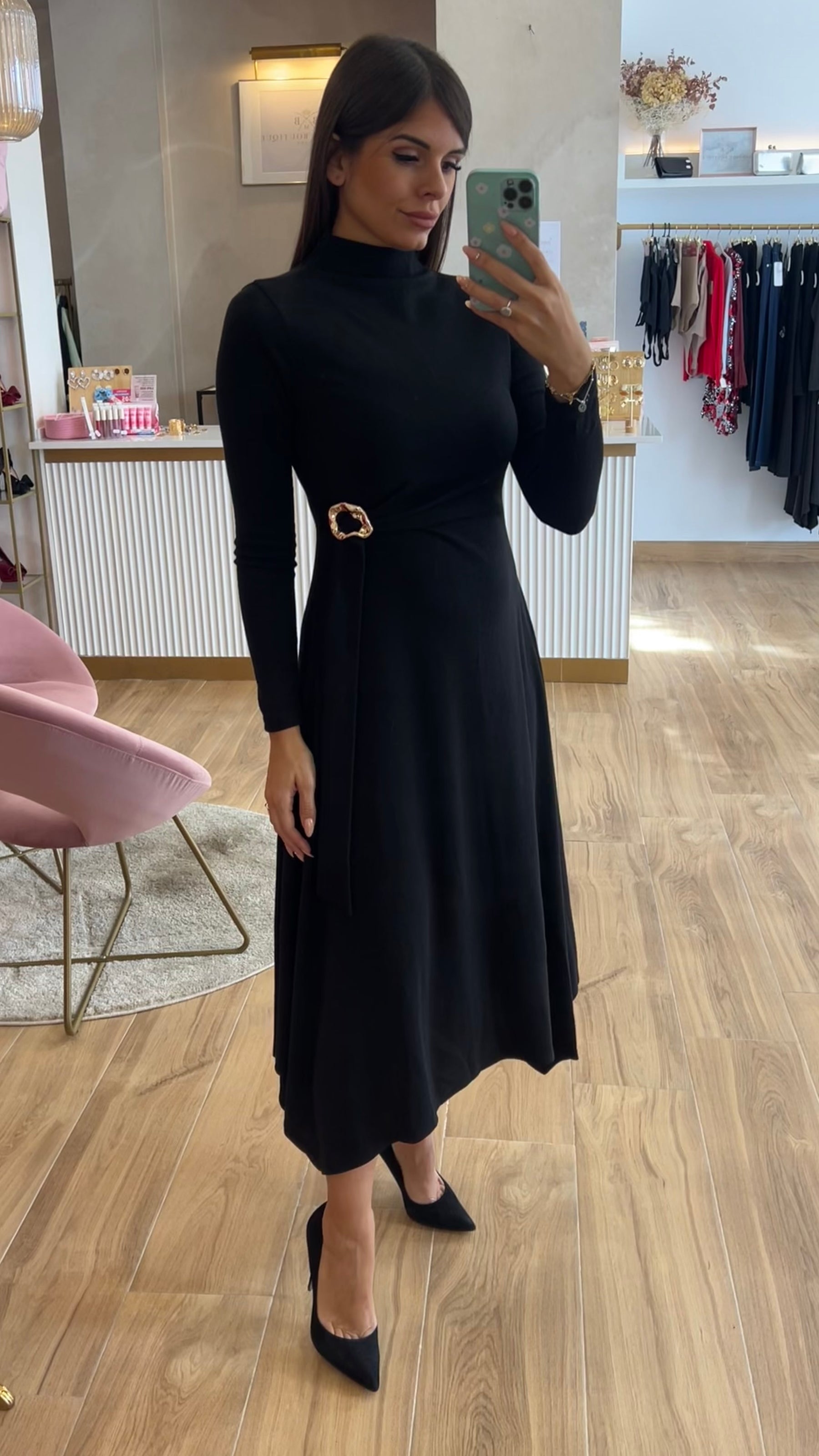 Vestido Midi Punto Premium Manga Larga Negro