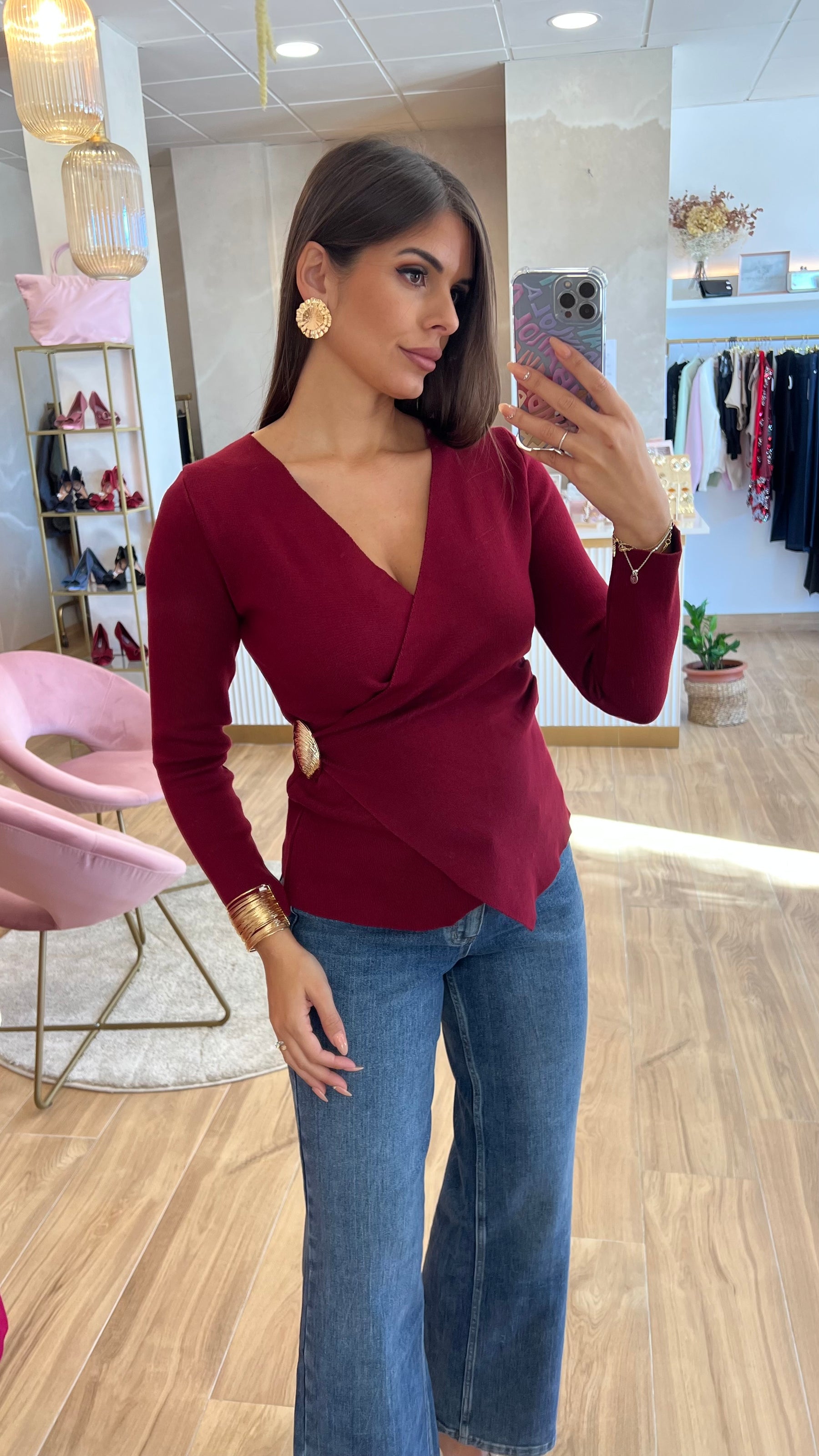 Jersey Cruzado Detalle Oro Burdeos