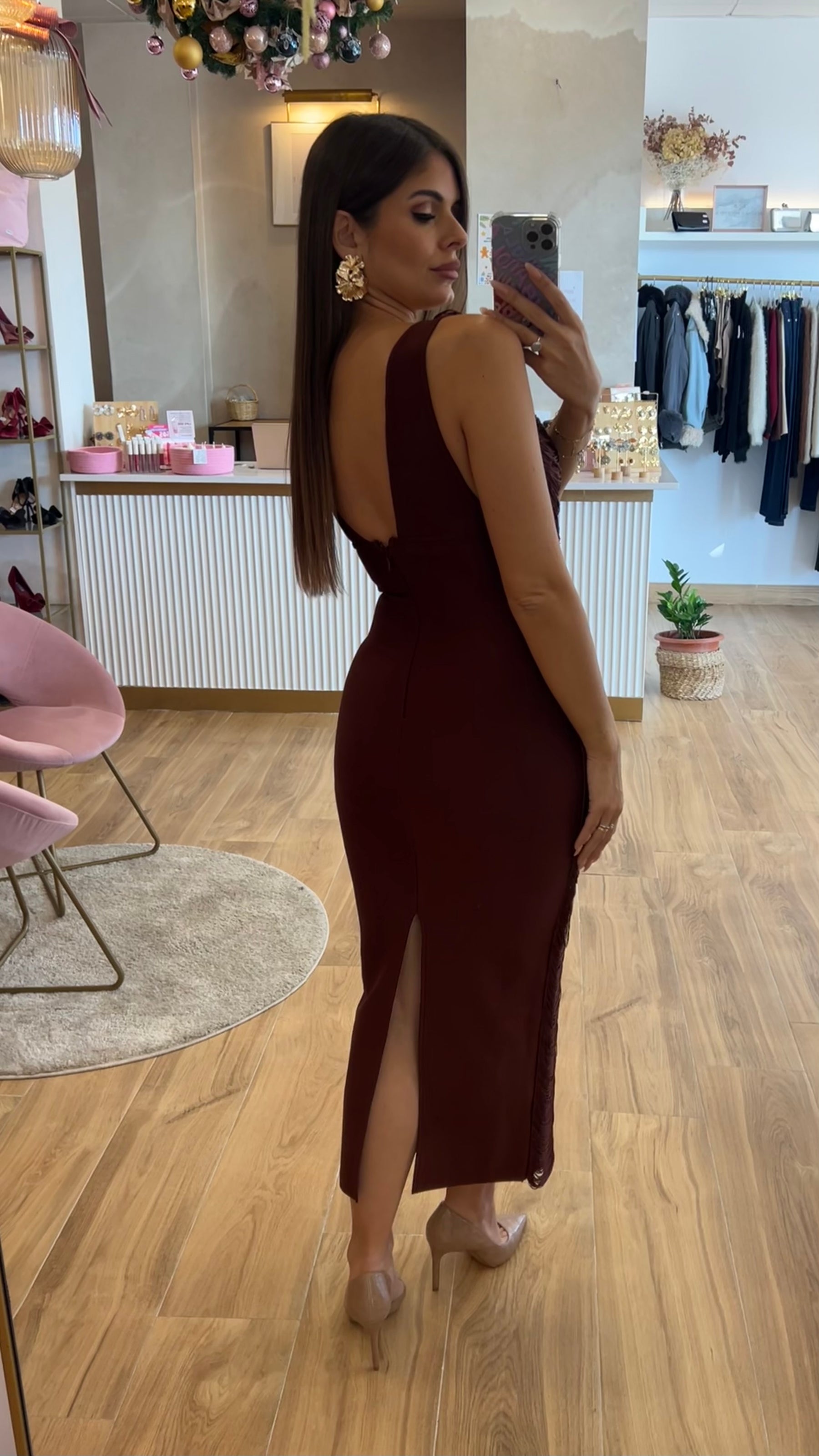 Vestido Bandage Flecos Chocolate Sin Mangas