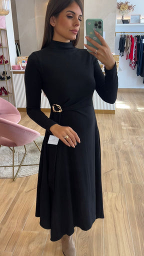Vestido Midi Punto Premium Manga Larga Negro