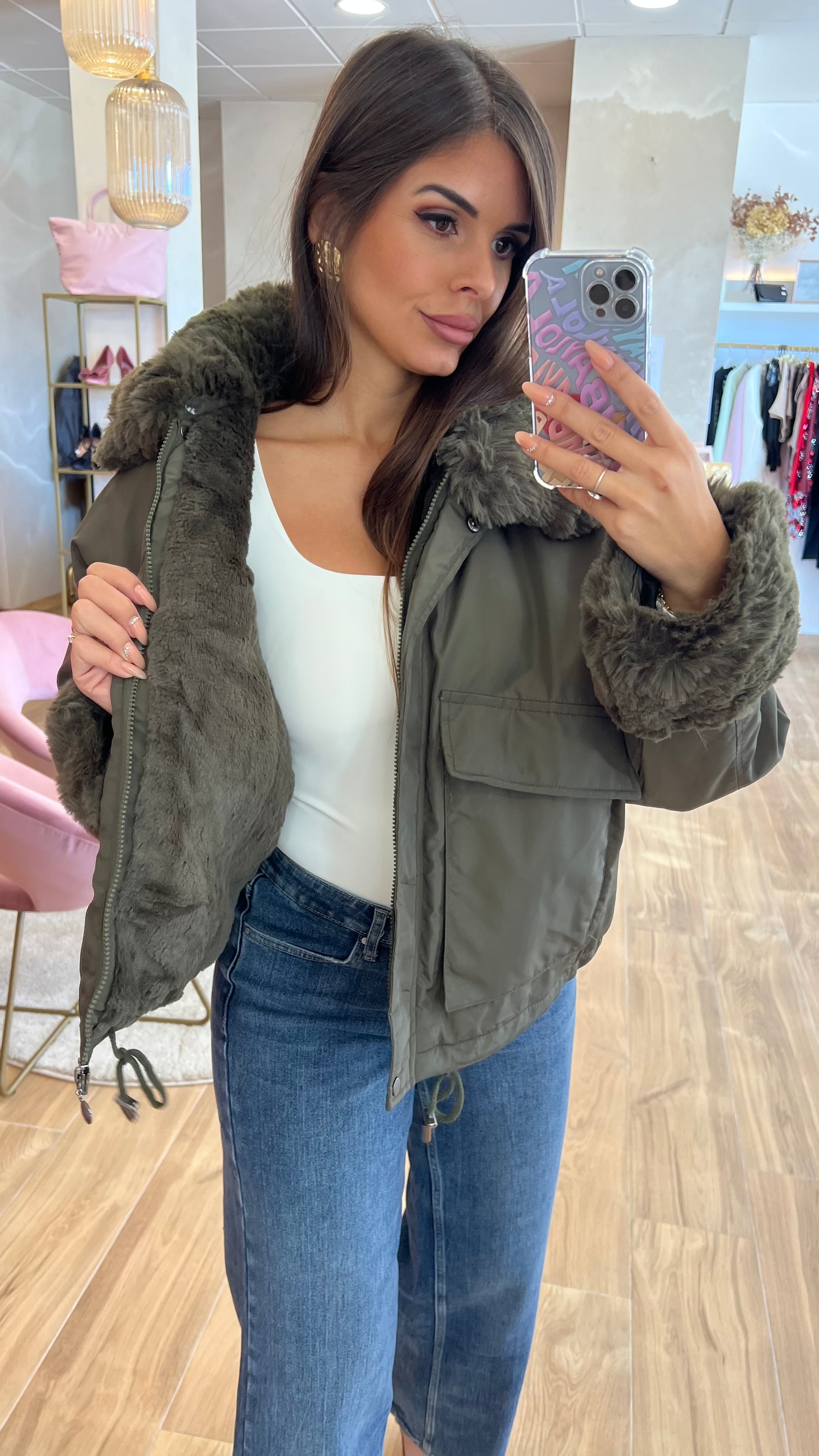 Chaqueta Acolchada Forro Borreguito – Khaki Premium