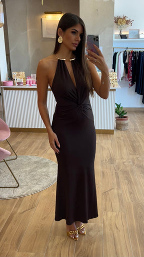 Vestido Cuello Oro Nudo Chocolate